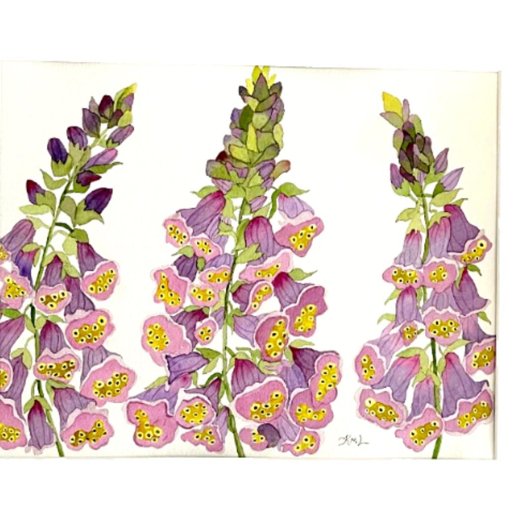 Watercolor Painting Original Art Flowers Foxglove Purple Pink 11x14 Mat 20x16